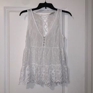 American Eagle White Eyelet Tank w Lace Cross Back